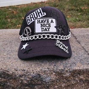 Black Trucker Hat with Patches and Chain